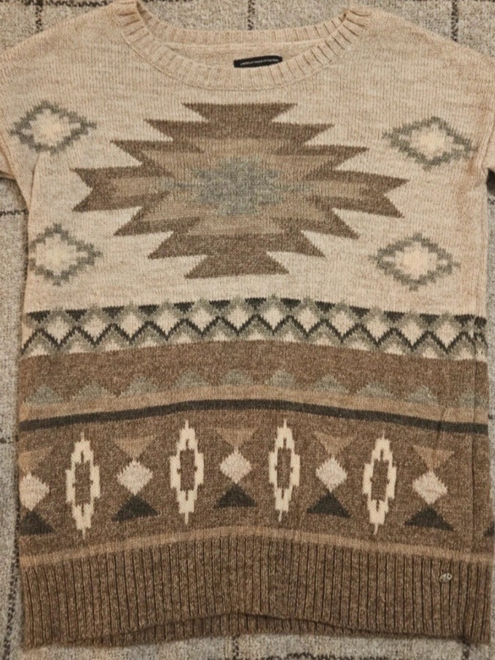 American Eagle Outfitters Beige, Brown and Gray Aztec Crewneck Sweater